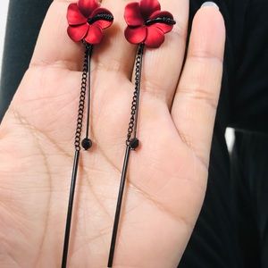 Red wine flower long earring